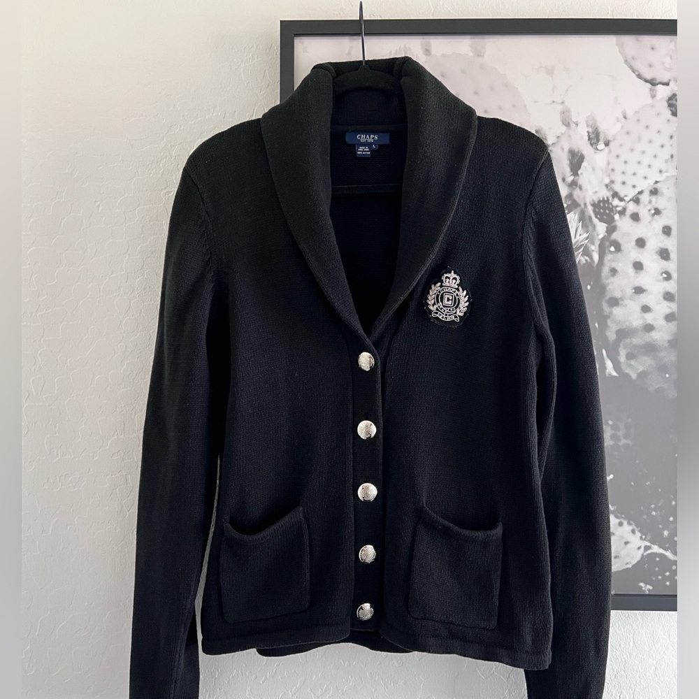 Chaps Vintage Black Preppy Crested Button Up Cotton Cardigan Sweater size Large